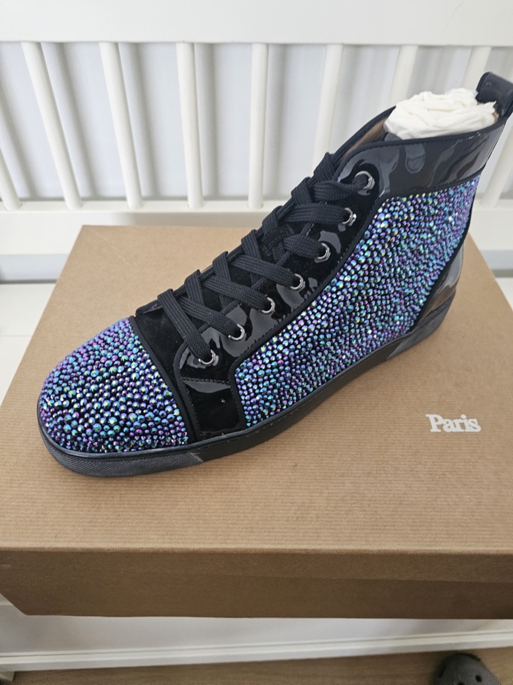 Louis Vuitton Men's Black High-Top Sneakers with Iridescent Crystal Detail - Picture 4 of 8